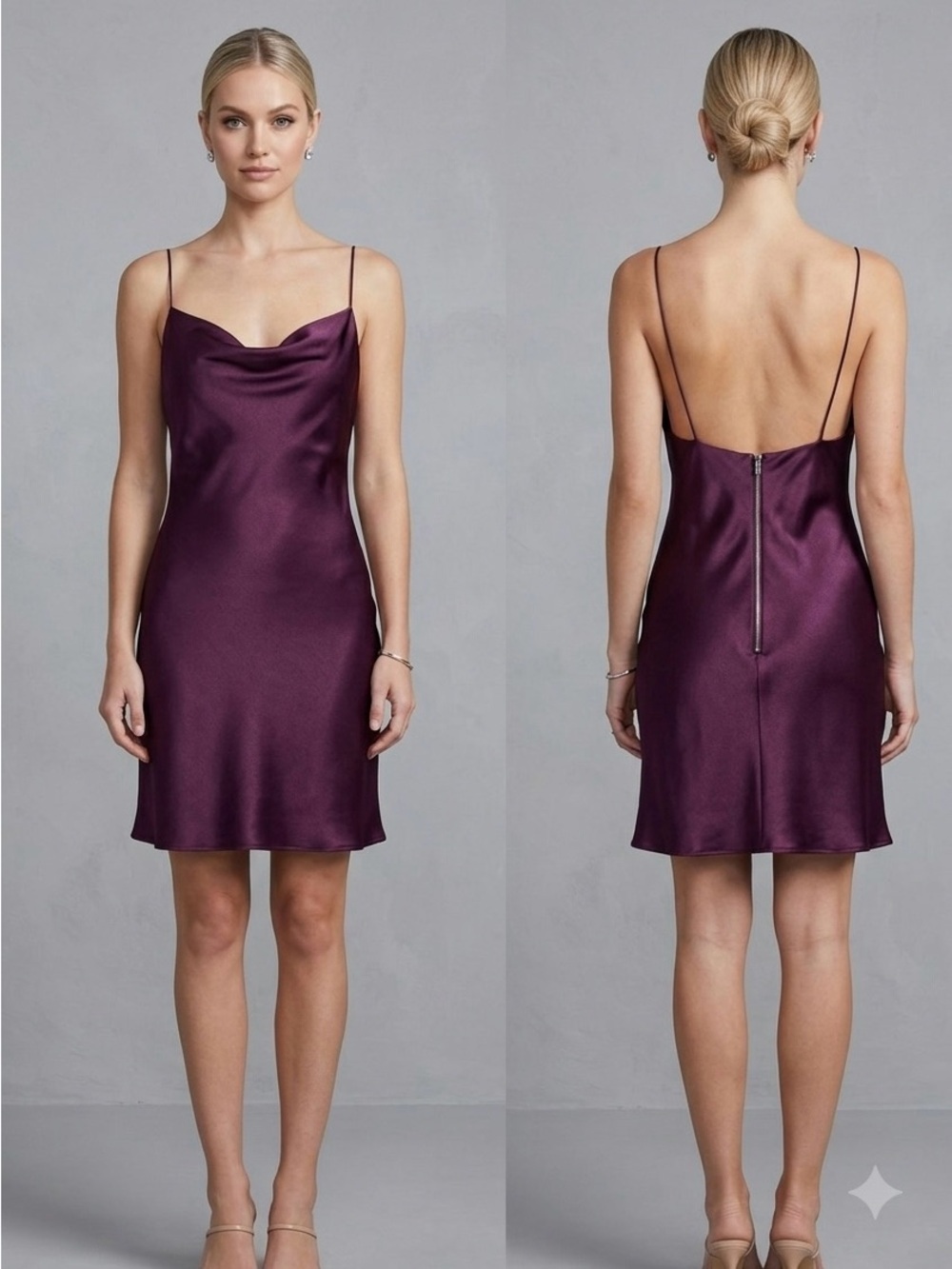 Alice + Olivia Plum Satin Slip Dress with Cowl Neck